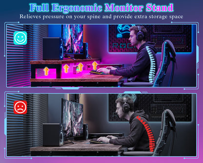 Furologee 55" Gaming Desk with LED Lights & USB-C Port, Reversible Computer Desk with Monitor Stand, Storage Shelves & 2 Fabric Drawers, Home Office Table with Power Outlets & Hooks, Rustic Brown