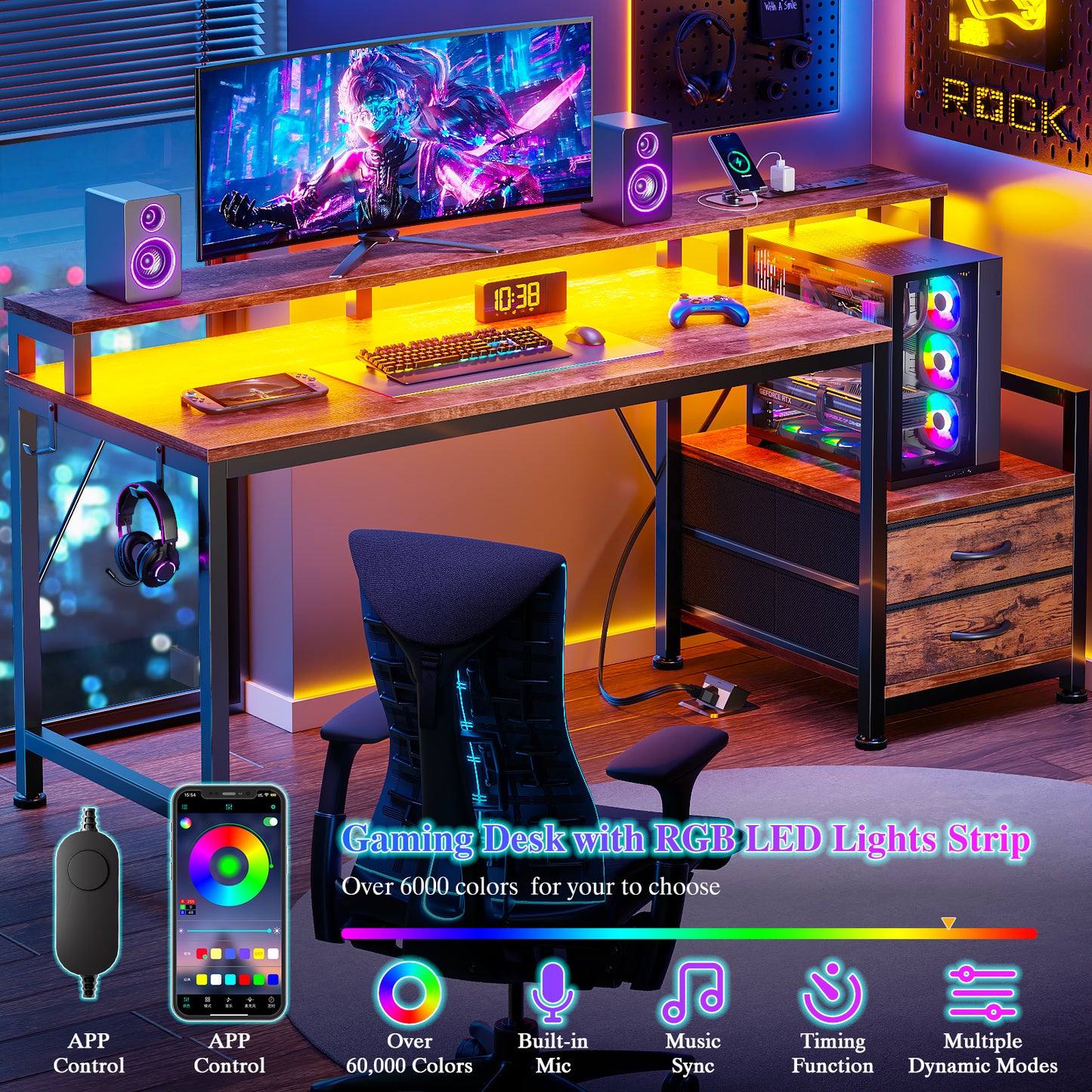Furologee 55" Gaming Desk with LED Lights & USB-C Port, Reversible Computer Desk with Monitor Stand, Storage Shelves & 2 Fabric Drawers, Home Office Table with Power Outlets & Hooks, Rustic Brown