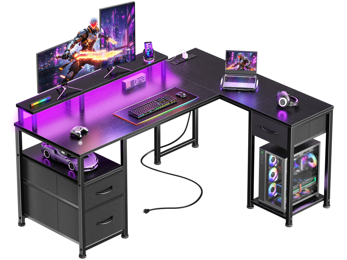 Furologee 55'' L Shaped Gaming Desk with LED Lights & Power Outlet, Black, Reversible Computer Desk with Monitor Stand & 3 Fabric Drawers, Storage Corner Table for Bedroom, Office, Working, Studying
