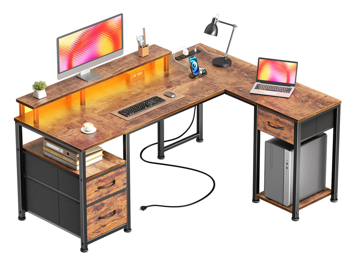 Furologee 55‘’ L Shaped Computer Desk with with LED Lights & 3 Drawers, Reversible Office Corner Desk with Monitor Stand & Outlets, Storage Gaming Table for Office, Working, Studying, Rustic Brown