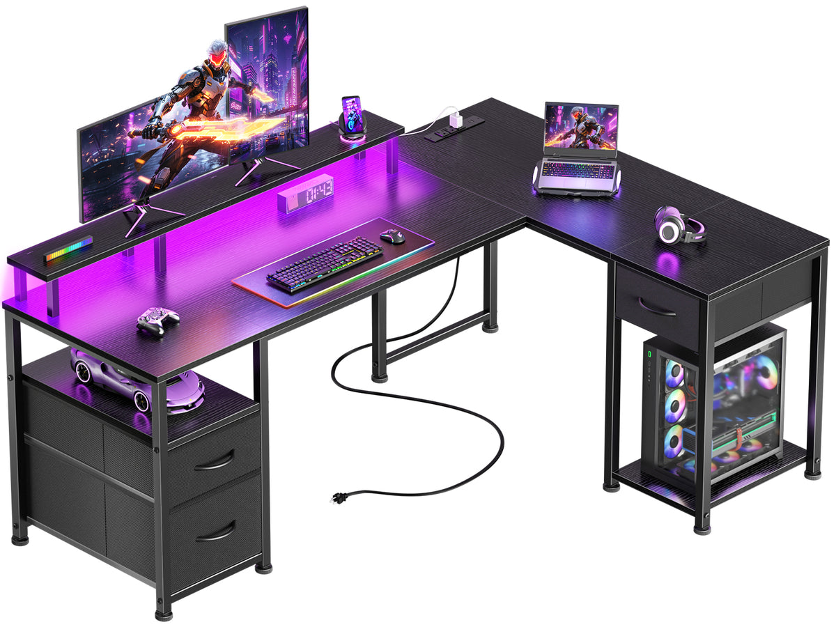 Furologee 63'' L Shaped Gaming Desk with LED Lights & Power Outlet, Black, Reversible Computer Desk with Monitor Stand & 3 Fabric Drawers, Storage Corner Table for Bedroom, Office, Working, Studying