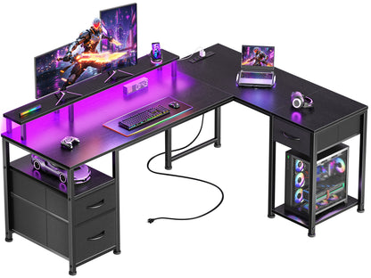 Furologee 63'' L Shaped Gaming Desk with LED Lights & Power Outlet, Black, Reversible Computer Desk with Monitor Stand & 3 Fabric Drawers, Storage Corner Table for Bedroom, Office, Working, Studying