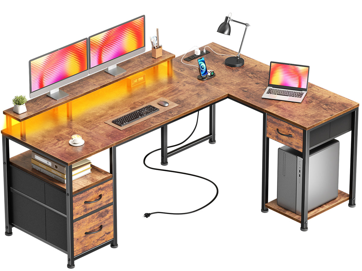 Furologee 63'' L Shaped Computer Desk with with LED Lights & 3 Drawers, Reversible Office Corner Desk with Monitor Stand & Outlets, Storage Gaming Table for Office, Working, Studying, Rustic Brown