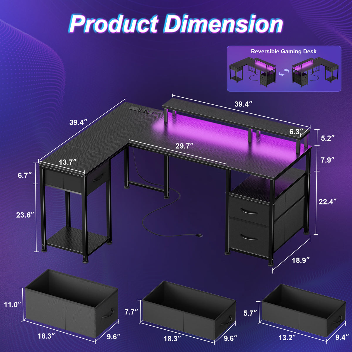 Furologee 55'' L Shaped Gaming Desk with LED Lights & Power Outlet, Black, Reversible Computer Desk with Monitor Stand & 3 Fabric Drawers, Storage Corner Table for Bedroom, Office, Working, Studying
