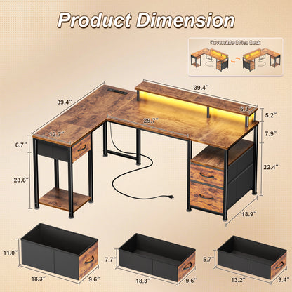 Furologee 55‘’ L Shaped Computer Desk with with LED Lights & 3 Drawers, Reversible Office Corner Desk with Monitor Stand & Outlets, Storage Gaming Table for Office, Working, Studying, Rustic Brown