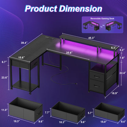 Furologee 63'' L Shaped Gaming Desk with LED Lights & Power Outlet, Black, Reversible Computer Desk with Monitor Stand & 3 Fabric Drawers, Storage Corner Table for Bedroom, Office, Working, Studying