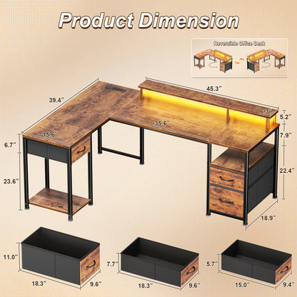 Furologee 63'' L Shaped Computer Desk with with LED Lights & 3 Drawers, Reversible Office Corner Desk with Monitor Stand & Outlets, Storage Gaming Table for Office, Working, Studying, Rustic Brown