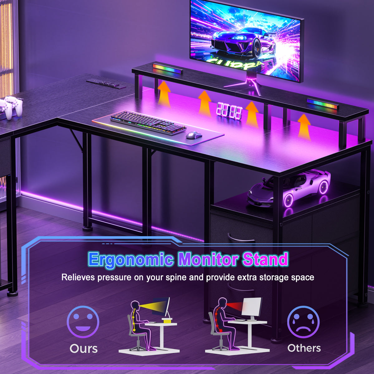 Furologee 55'' L Shaped Gaming Desk with LED Lights & Power Outlet, Black, Reversible Computer Desk with Monitor Stand & 3 Fabric Drawers, Storage Corner Table for Bedroom, Office, Working, Studying