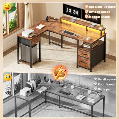 Furologee 55‘’ L Shaped Computer Desk with with LED Lights & 3 Drawers, Reversible Office Corner Desk with Monitor Stand & Outlets, Storage Gaming Table for Office, Working, Studying, Rustic Brown