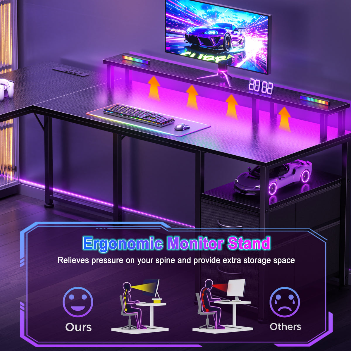 Furologee 63'' L Shaped Gaming Desk with LED Lights & Power Outlet, Black, Reversible Computer Desk with Monitor Stand & 3 Fabric Drawers, Storage Corner Table for Bedroom, Office, Working, Studying