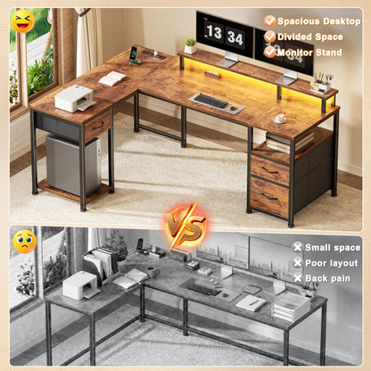 Furologee 63'' L Shaped Computer Desk with with LED Lights & 3 Drawers, Reversible Office Corner Desk with Monitor Stand & Outlets, Storage Gaming Table for Office, Working, Studying, Rustic Brown