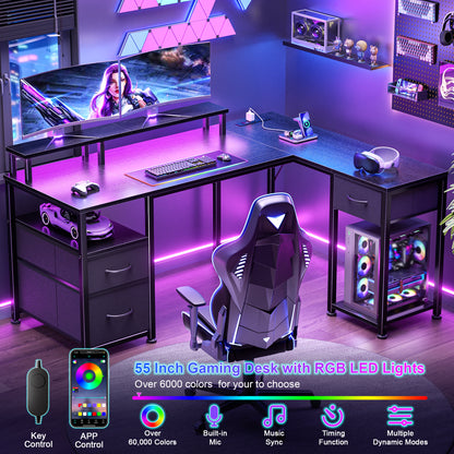 Furologee 55'' L Shaped Gaming Desk with LED Lights & Power Outlet, Black, Reversible Computer Desk with Monitor Stand & 3 Fabric Drawers, Storage Corner Table for Bedroom, Office, Working, Studying