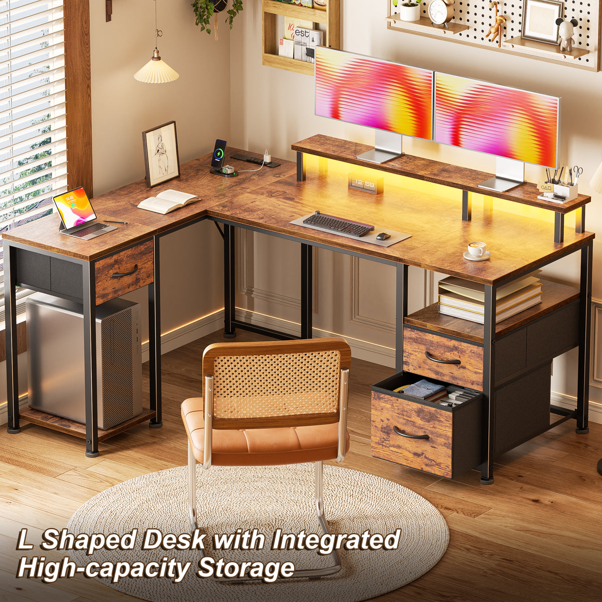 Furologee 55‘’ L Shaped Computer Desk with with LED Lights & 3 Drawers, Reversible Office Corner Desk with Monitor Stand & Outlets, Storage Gaming Table for Office, Working, Studying, Rustic Brown