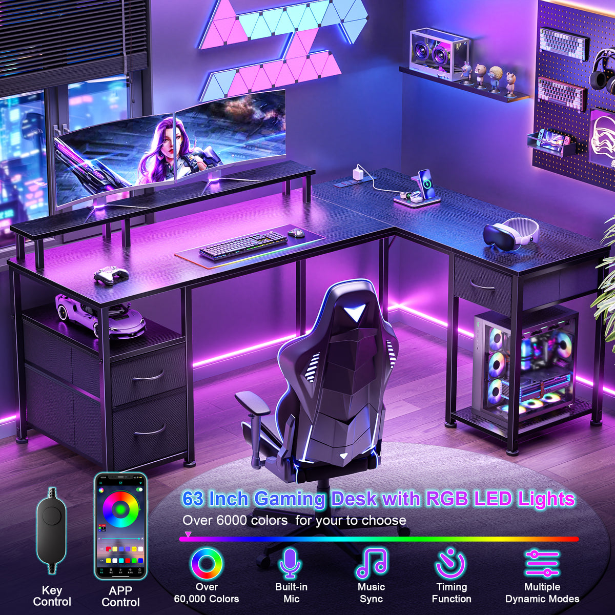 Furologee 63'' L Shaped Gaming Desk with LED Lights & Power Outlet, Black, Reversible Computer Desk with Monitor Stand & 3 Fabric Drawers, Storage Corner Table for Bedroom, Office, Working, Studying
