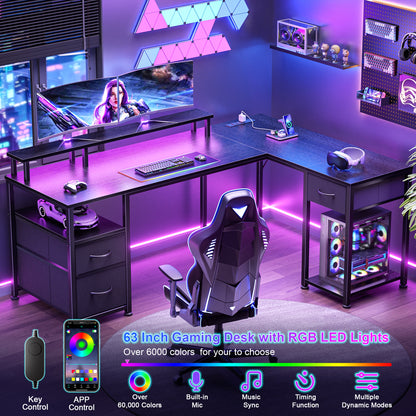 Furologee 63'' L Shaped Gaming Desk with LED Lights & Power Outlet, Black, Reversible Computer Desk with Monitor Stand & 3 Fabric Drawers, Storage Corner Table for Bedroom, Office, Working, Studying