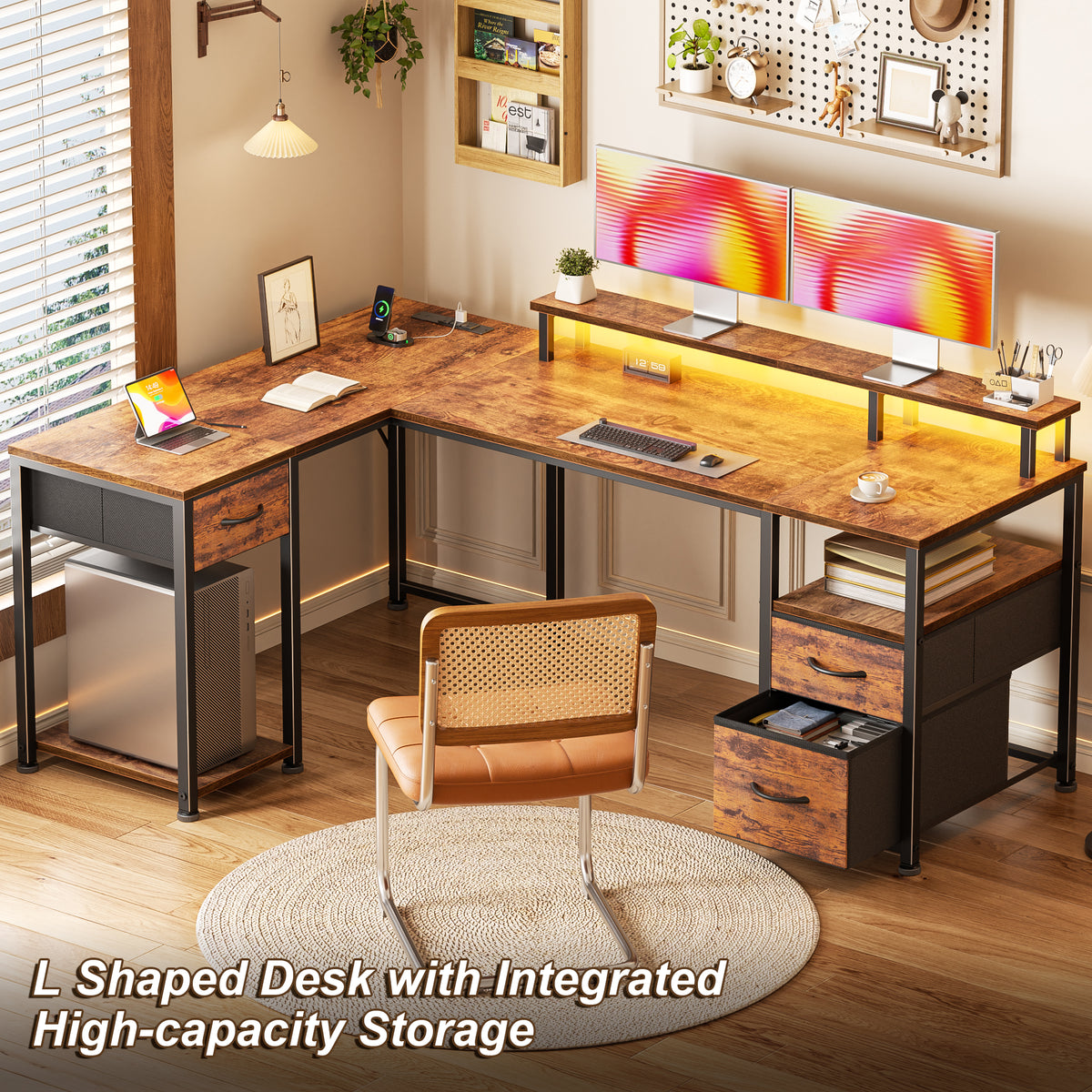 Furologee 63'' L Shaped Computer Desk with with LED Lights & 3 Drawers, Reversible Office Corner Desk with Monitor Stand & Outlets, Storage Gaming Table for Office, Working, Studying, Rustic Brown
