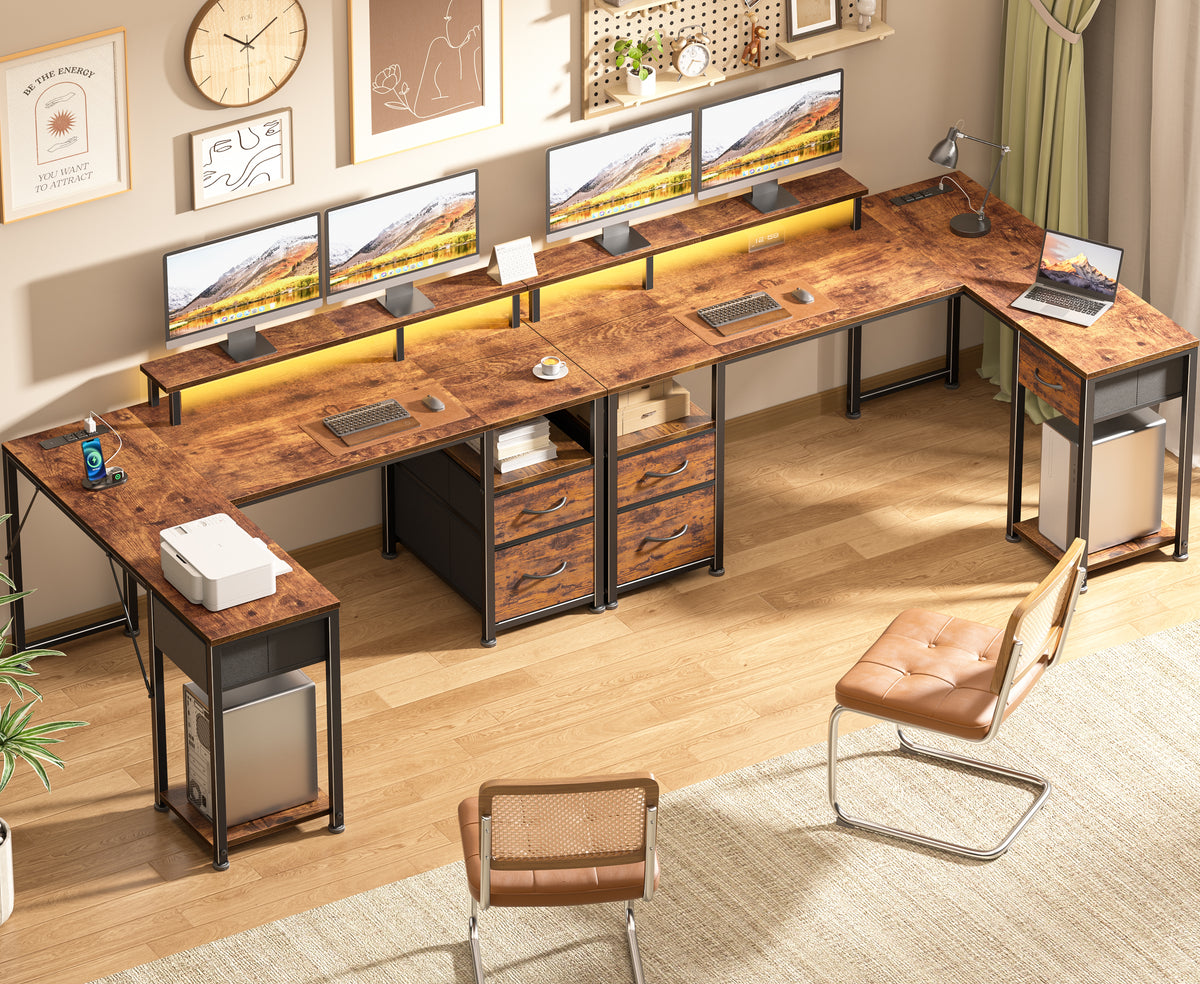 Furologee 55‘’ L Shaped Computer Desk with with LED Lights & 3 Drawers, Reversible Office Corner Desk with Monitor Stand & Outlets, Storage Gaming Table for Office, Working, Studying, Rustic Brown