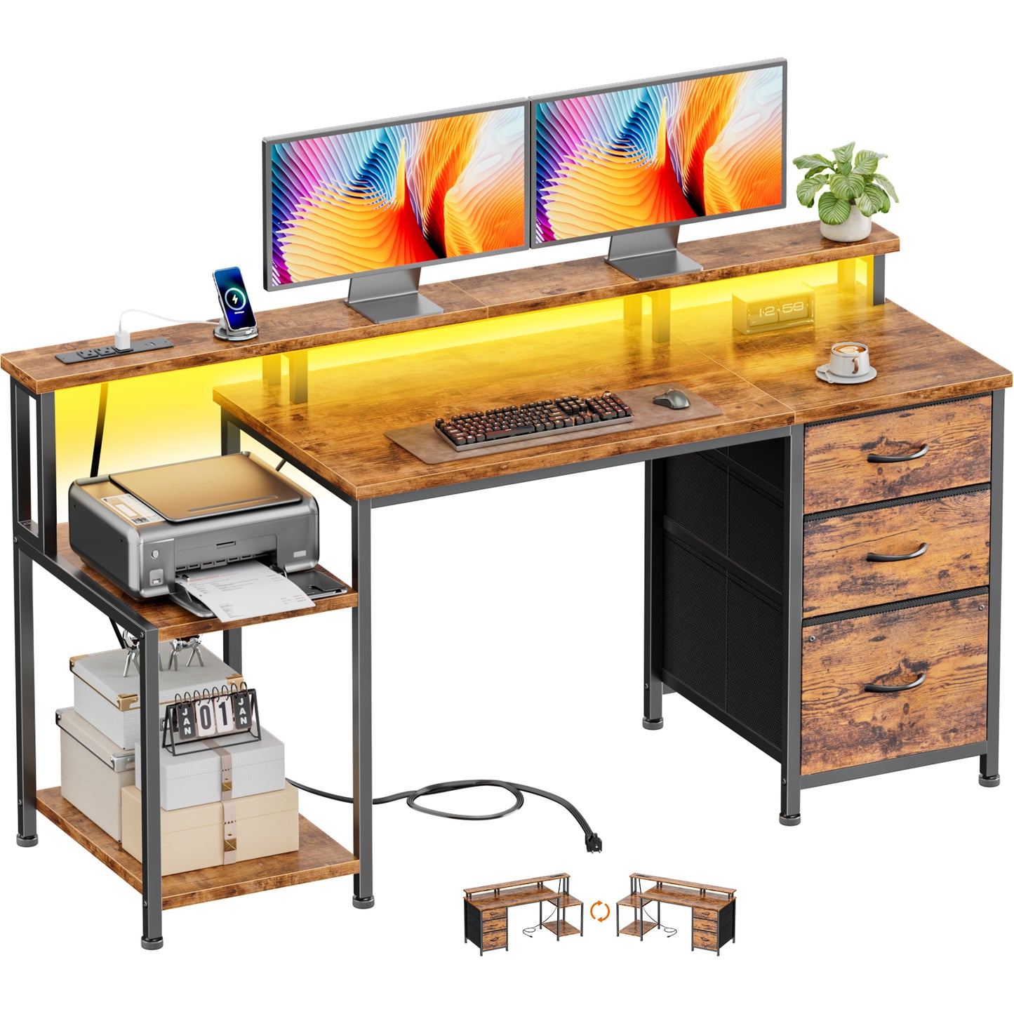 Furologee 55" Gaming Desk with LED Lights & Power Outlets, Reversible Office Desk with Monitor Stand for Work Study, Desk for Home Office Dorm, Storage Drawers and Cabinet, Rustic Brown