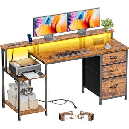 Furologee 55" Gaming Desk with LED Lights & Power Outlets, Reversible Office Desk with Monitor Stand for Work Study, Desk for Home Office Dorm, Storage Drawers and Cabinet, Rustic Brown
