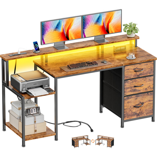Furologee 55" Gaming Desk with LED Lights & Power Outlets, Reversible Office Desk with Monitor Stand for Work Study, Desk for Home Office Dorm, Storage Drawers and Cabinet, Rustic Brown