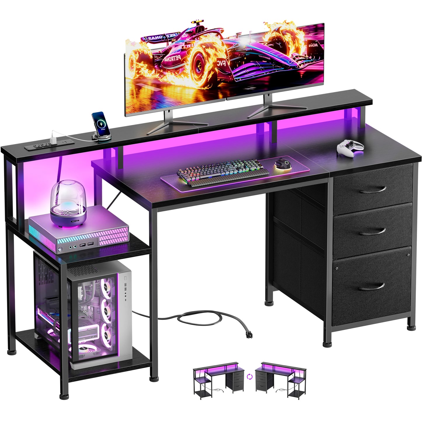 Furologee 55" Gaming Desk with LED Lights & Power Outlets, Reversible Office Desk with Monitor Stand for Work Study, Desk for Home Office Dorm, Storage Drawers and Cabinet, Black