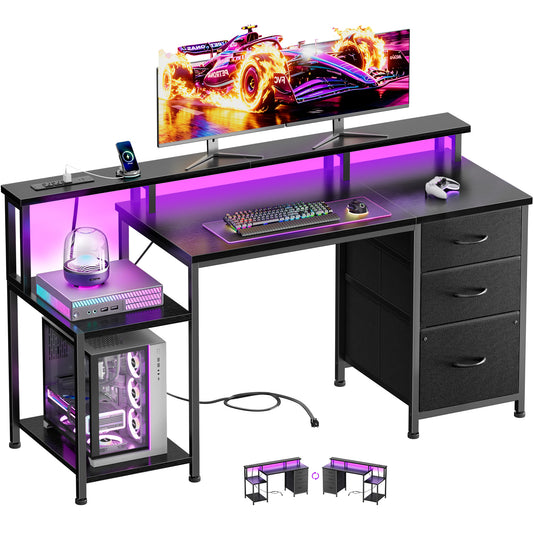 Furologee 55" Gaming Desk with LED Lights & Power Outlets, Reversible Office Desk with Monitor Stand for Work Study, Desk for Home Office Dorm, Storage Drawers and Cabinet, Black