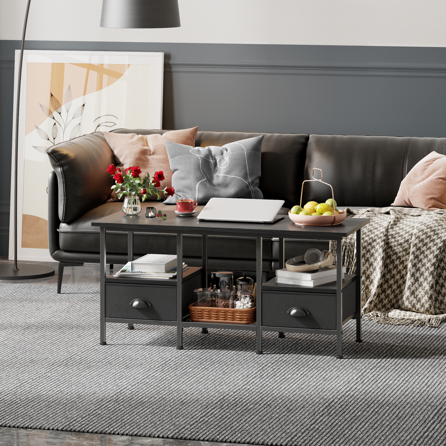 Furologee 35" Coffee Table with Storage Drawers, Rustic Industrial Center Table with 2-Tier Shelf for Small Living Rooms