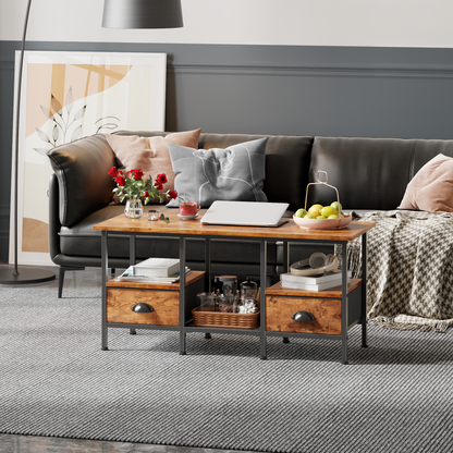 Furologee 35" Coffee Table with Storage Drawers, Rustic Industrial Center Table with 2-Tier Shelf for Small Living Rooms