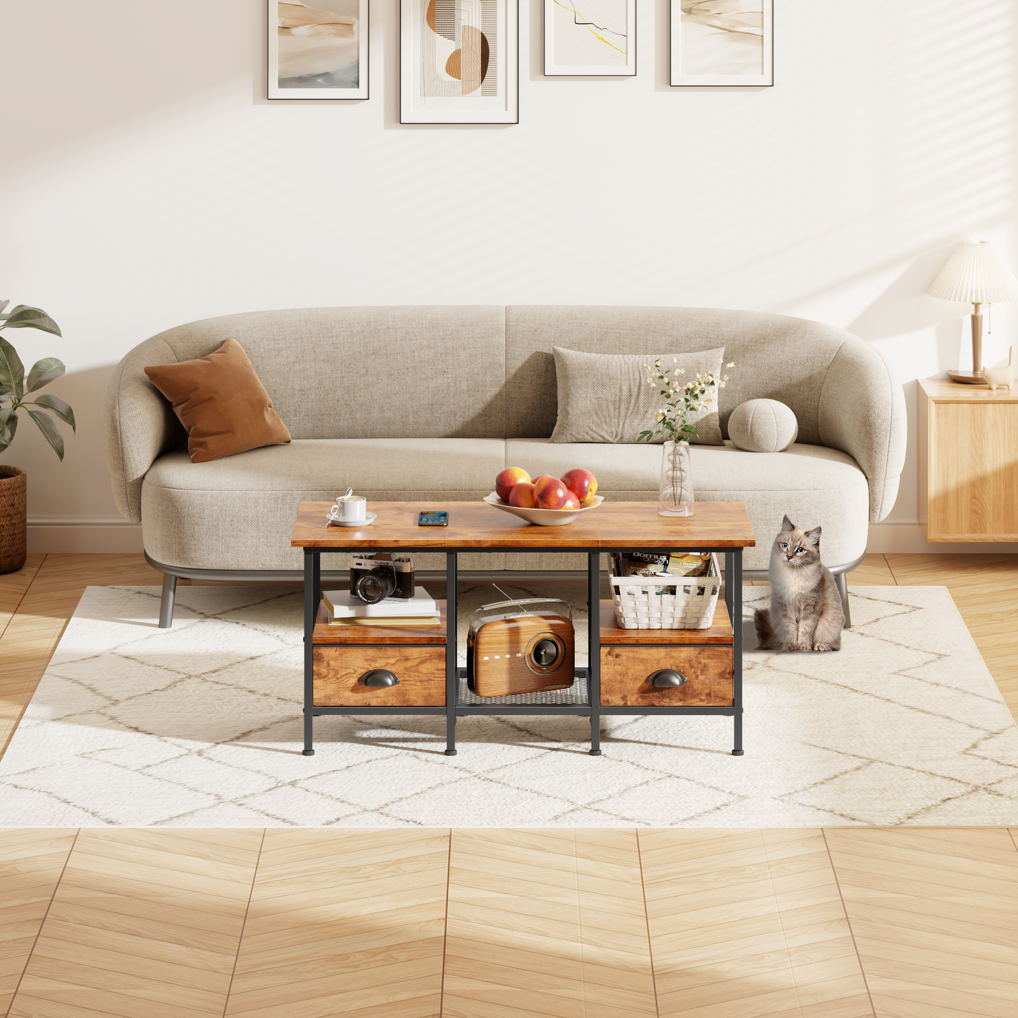 Furologee 35" Coffee Table with Storage Drawers, Rustic Industrial Center Table with 2-Tier Shelf for Small Living Rooms
