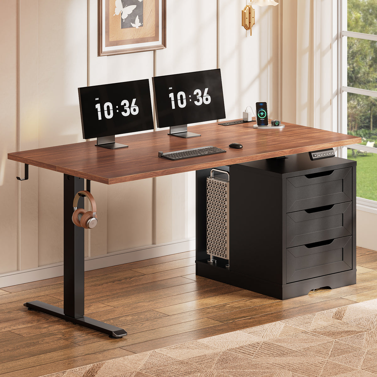 Furologee 55 Inch Electric Height Adjustable Standing Desk with 3 Drawers and Power Outlets£¬Walnut & Black