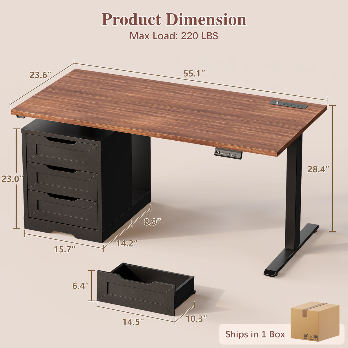 Furologee 55 Inch Electric Height Adjustable Standing Desk with 3 Drawers and Power Outlets£¬Walnut & Black