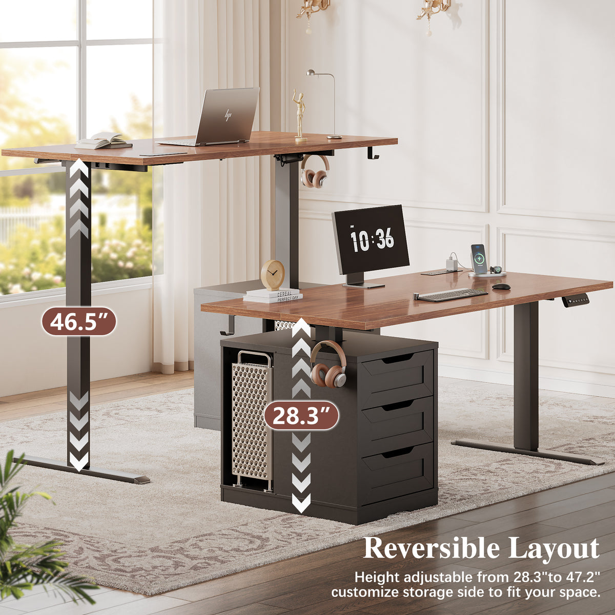 Furologee 55 Inch Electric Height Adjustable Standing Desk with 3 Drawers and Power Outlets£¬Walnut & Black