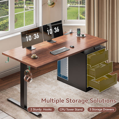 Furologee 55 Inch Electric Height Adjustable Standing Desk with 3 Drawers and Power Outlets£¬Walnut & Black