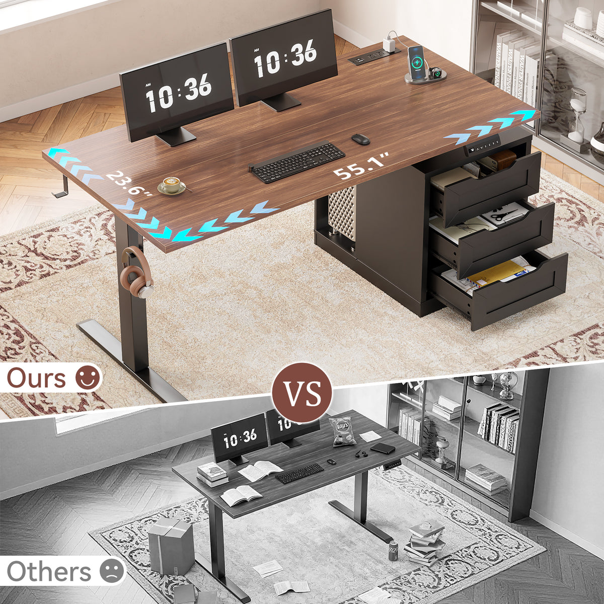 Furologee 55 Inch Electric Height Adjustable Standing Desk with 3 Drawers and Power Outlets£¬Walnut & Black