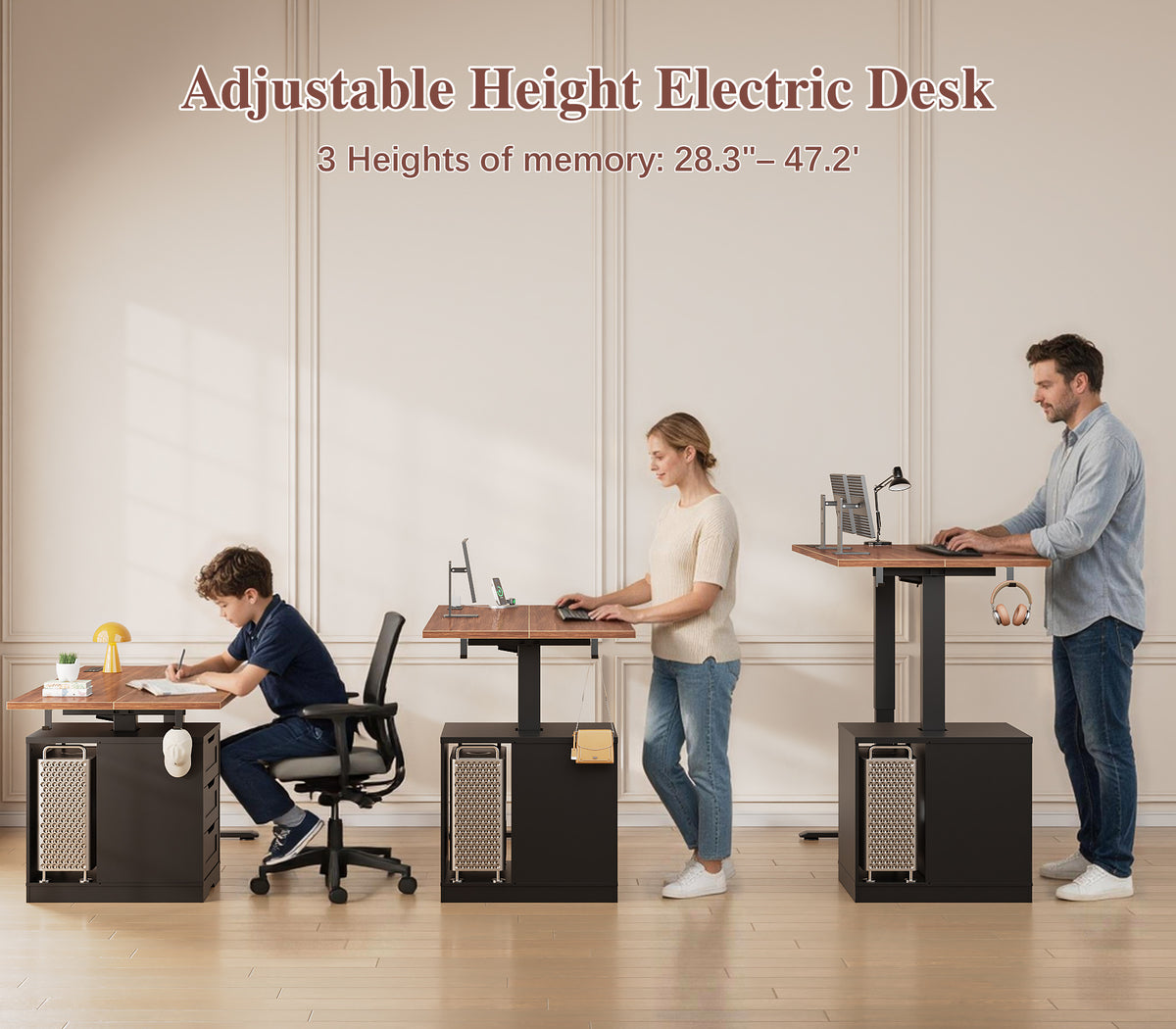Furologee 55 Inch Electric Height Adjustable Standing Desk with 3 Drawers and Power Outlets£¬Walnut & Black
