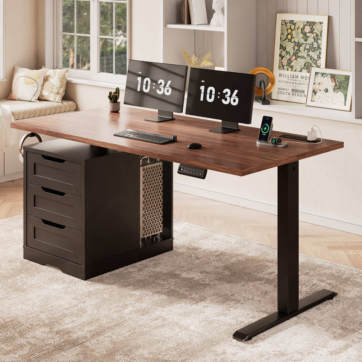 Furologee 55 Inch Electric Height Adjustable Standing Desk with 3 Drawers and Power Outlets£¬Walnut & Black