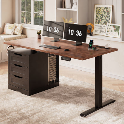 Furologee 55 Inch Electric Height Adjustable Standing Desk with 3 Drawers and Power Outlets£¬Walnut & Black