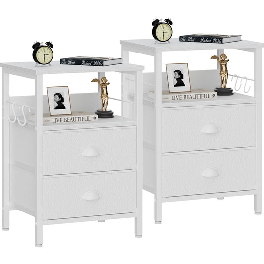 Furologee Nightstand with 2 Fabric Drawers, White Beside Table