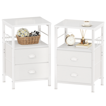 Furologee Nightstands Set of 2, End Table with 2 Fabric Drawers, Night Stand with 2 Hooks, Open Wood Shelf Bedside Table for Bedroom/Living Room/White