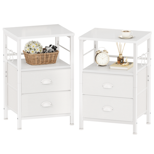 Furologee Nightstands Set of 2, End Table with 2 Fabric Drawers, Night Stand with 2 Hooks, Open Wood Shelf Bedside Table for Bedroom/Living Room/White
