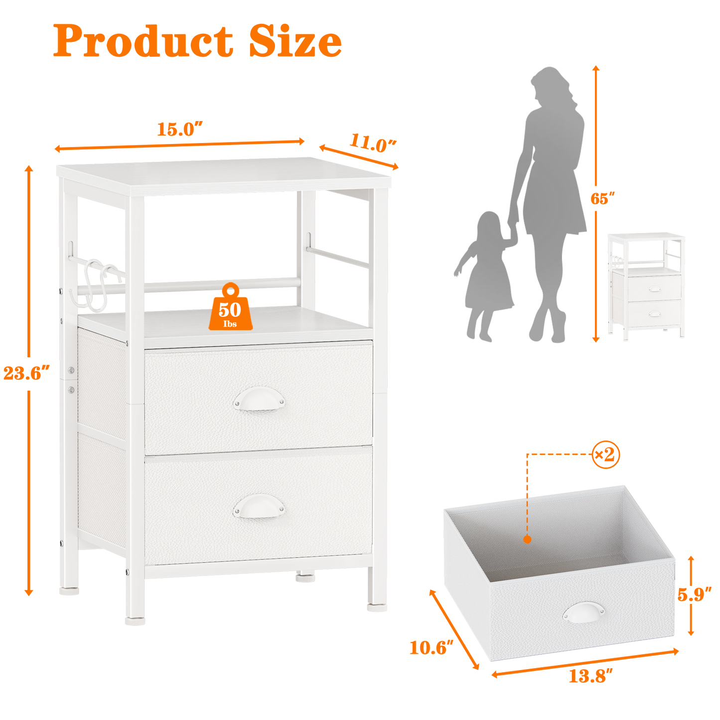 Furologee Nightstands Set of 2, End Table with 2 Fabric Drawers, Night Stand with 2 Hooks, Open Wood Shelf Bedside Table for Bedroom/Living Room/White