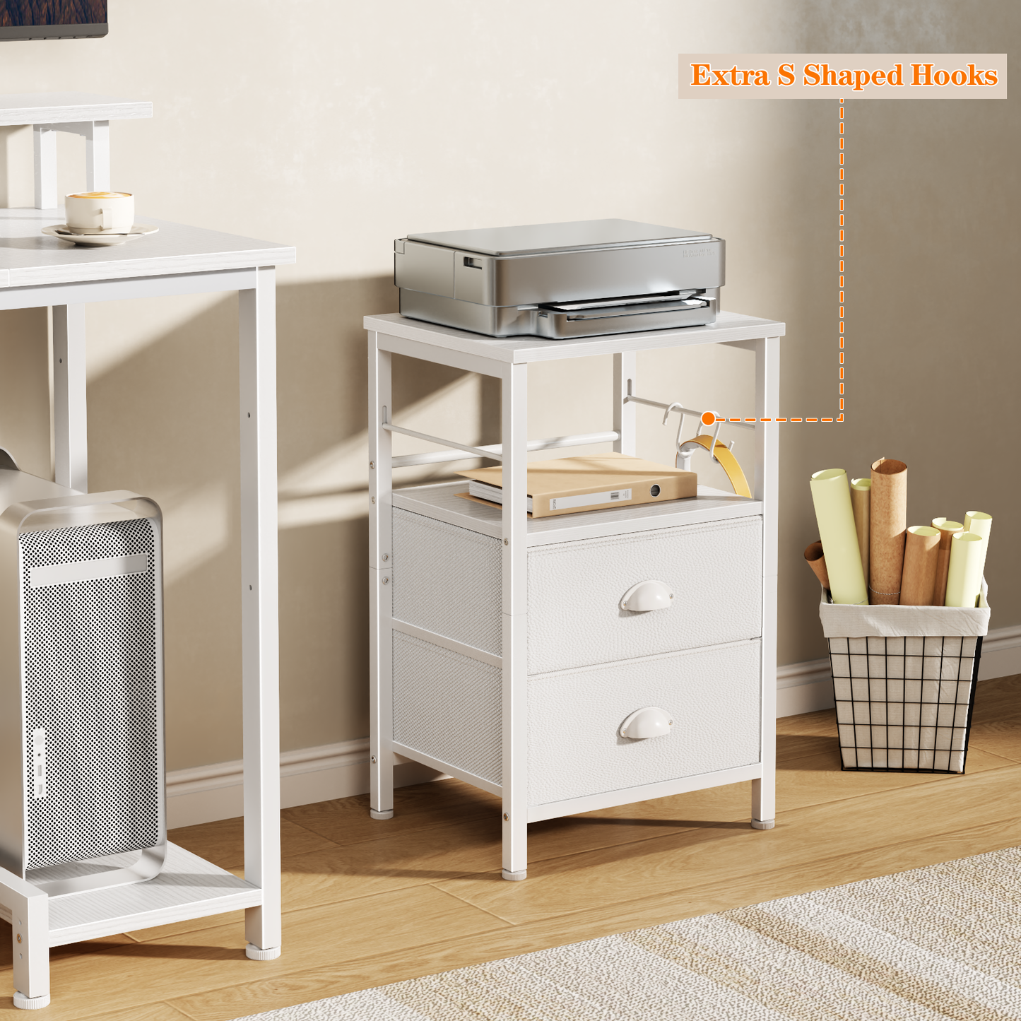 Furologee Nightstands Set of 2, End Table with 2 Fabric Drawers, Night Stand with 2 Hooks, Open Wood Shelf Bedside Table for Bedroom/Living Room/White