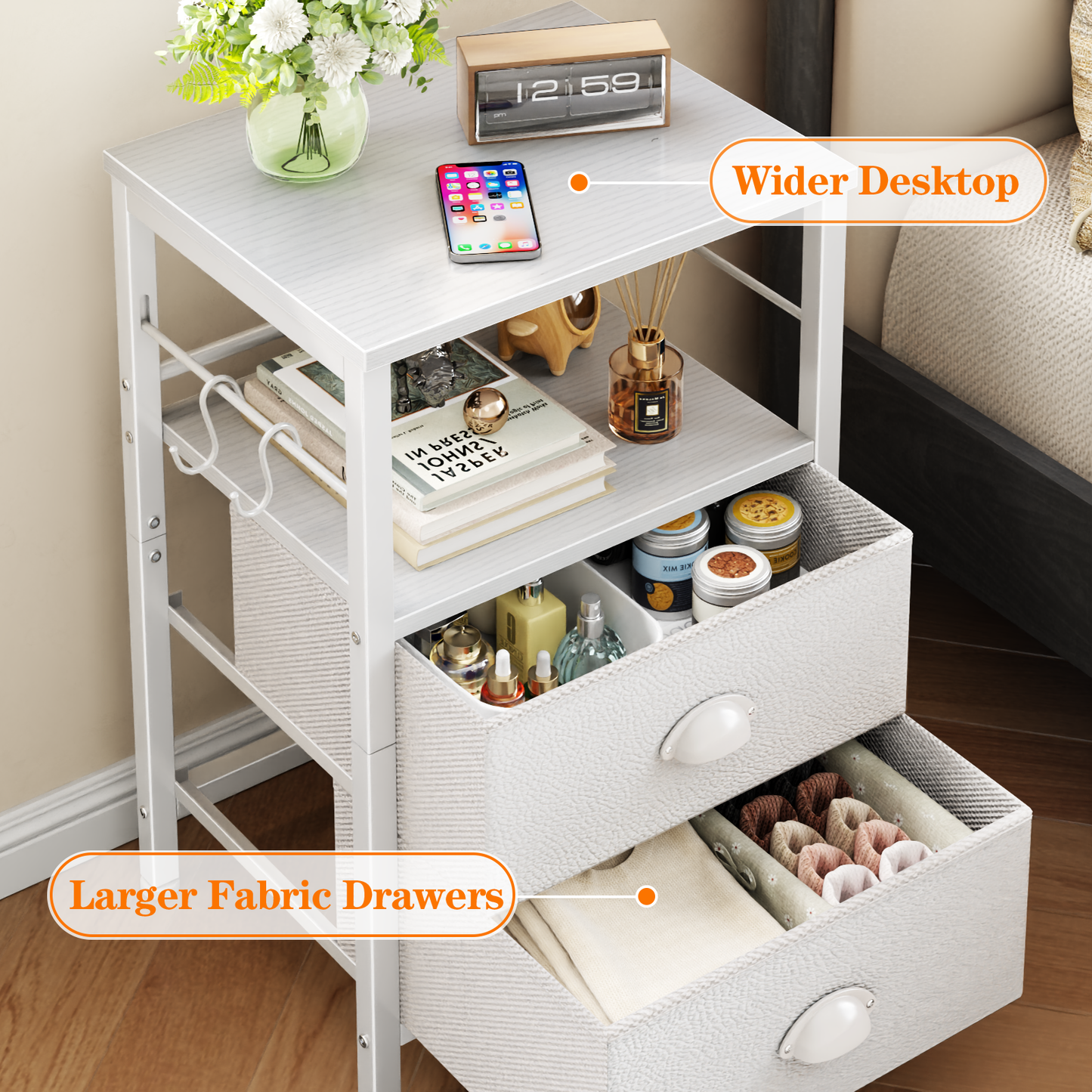 Furologee Nightstands Set of 2, End Table with 2 Fabric Drawers, Night Stand with 2 Hooks, Open Wood Shelf Bedside Table for Bedroom/Living Room/White