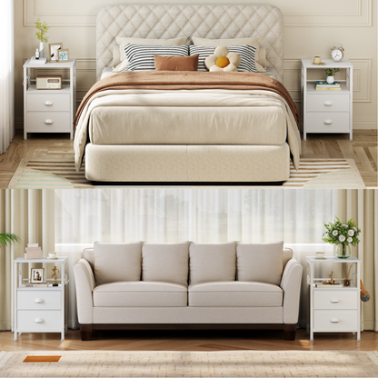 Furologee Nightstands Set of 2, End Table with 2 Fabric Drawers, Night Stand with 2 Hooks, Open Wood Shelf Bedside Table for Bedroom/Living Room/White