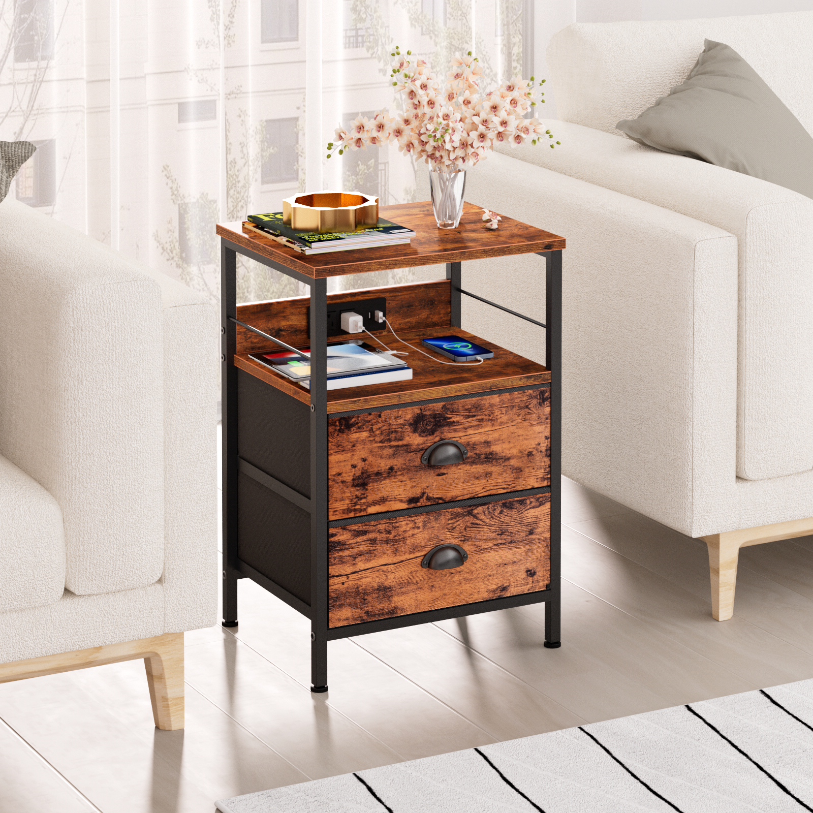 Aazon.co: Hzuaneri Nightstands With LED Lights And Charging Station, End Table With 2 Fabric