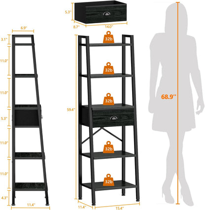 Furologee 5 Tier Bookshelf, Ladder Shelf with Drawer, Tall and Narrow Bookcase