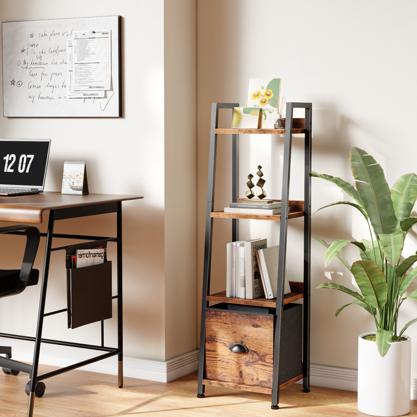 Furologee 4 Tier Narrow Ladder Shelf, Ladder Bookshelf with Drawer