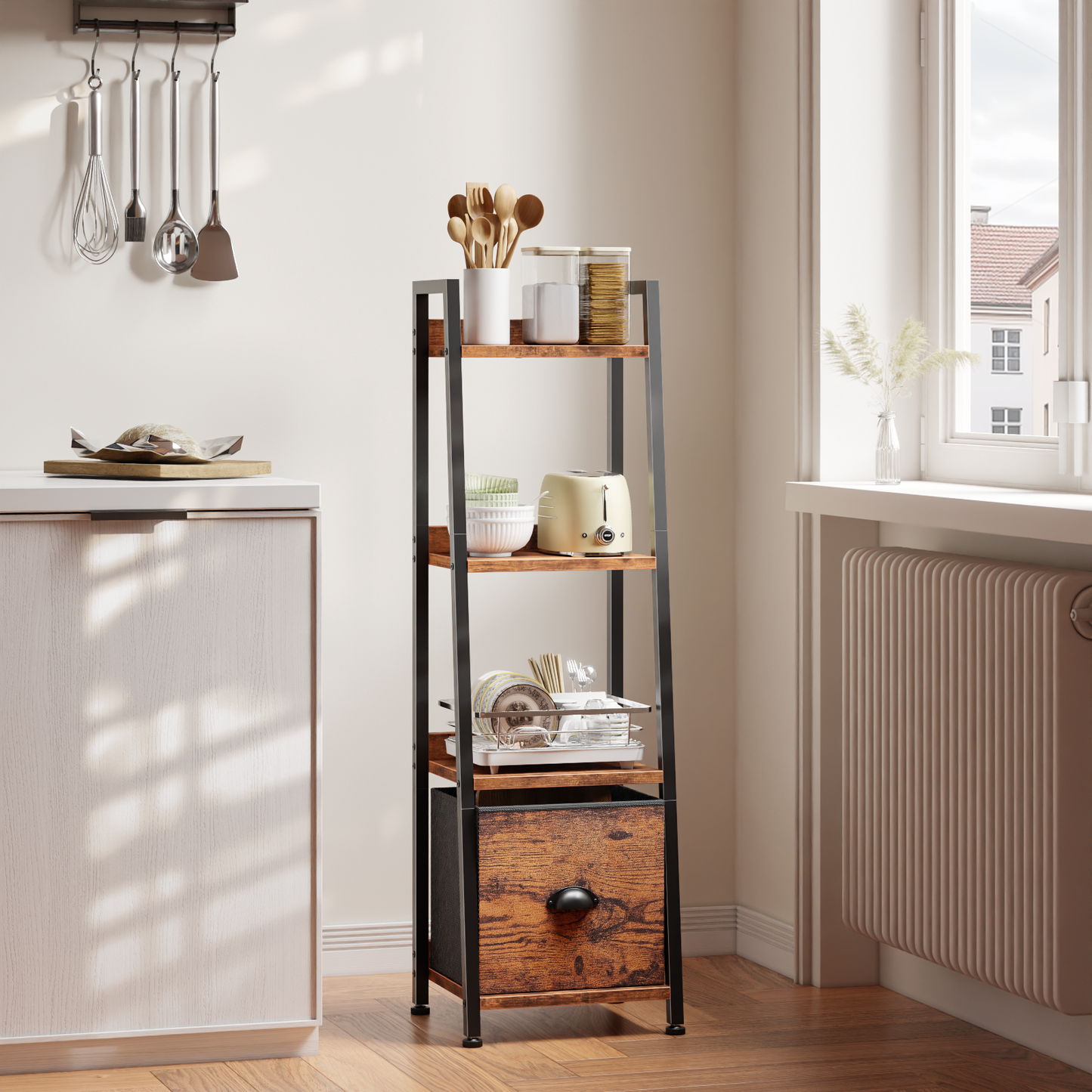 Furologee 4 Tier Narrow Ladder Shelf, Ladder Bookshelf with Drawer