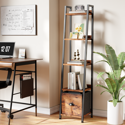 Furologee 5 Tier Narrow Ladder Shelf, Ladder Bookshelf with Drawer