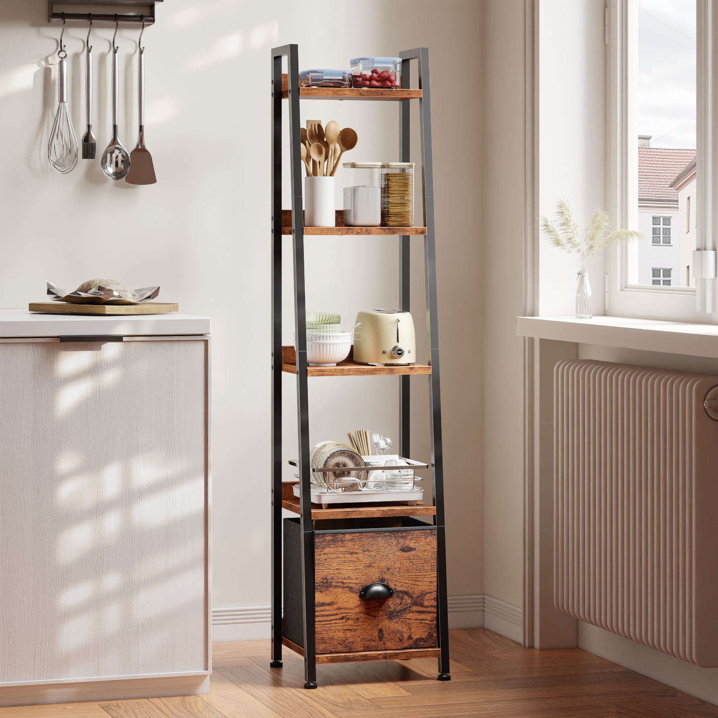 Furologee 5 Tier Narrow Ladder Shelf, Ladder Bookshelf with Drawer